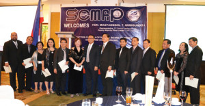 At the recent induction of SCMAP officers were, from L to R, committee chairpersons Carlo Curay (Communications); Al Lagera (Academe); Annette Camangon (Special Projects); and Elsie Oafallas (Finance); director for Land and Air committee Reyna Cano; vice-president Cora Curay; guest of honor Rep. Magtanggol Gunigundo I; president Arnel Gamboa; director Manuel Onrejas, Jr; director for Inbound Logistics committee Rolly Lazo; PRO Jess Sarmiento; auditor Henry Batallones; committee chair for Membership Ana Rose Ochoa; and secretary Max Yap. Not in photo are Angelito Nepomuceno, treasurer; Donny Quinto, director for Communications committee; and Avelino Acedo, chair of the Green Logistics committee.