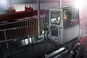 The Boxhunter operator’s cab is at ground level, a revolutionary feature of the new crane, where the operator uses sophisticated video technology for a better view of the containers. Konecranes photo
