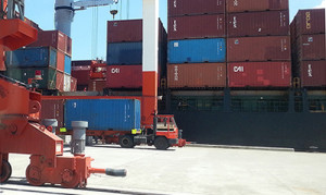 A foreign carrier dislodging containers at the Subic New Container Terminal 1.