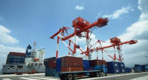 A container ship unloads cargo at the New Container Terminal in the Subic Bay Freeport.