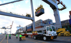 Container traffic for the first quarter declined 9% to 1.249 million twenty-foot equivalent units (TEUs) from 1.372 million TEUs in the same period last year. Photo shows Batangas
