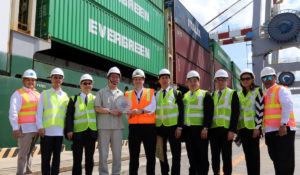 Asian Terminals Inc executive vice president Andrew Hoad (fifth from left), accompanied by senior officers of Evergreen Marine Corp. led by senior vice president Terence Wu (thirdfrom left), hands over a commemorative plaque to MV Uni-Premier captain Teng-Kun Tsay to mark Evergreen’s maiden call and start of weekly service at BCT.