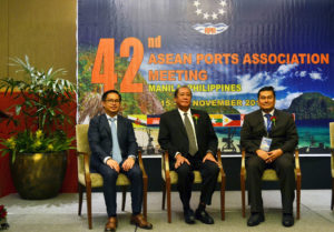 Left to right Philippine Ports Authority general manager Atty Jay Daniel Santiago, Transportation Secretary Arthur Tugade, ASEAN Ports Association secretary general Sandhy Wijaya