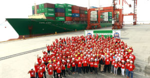Manila South Harbor’s one-millionth TEU was delivered by MV Cape Faro of Evergreen Line, whose officers, crew, and shipping line representatives were recognized in ceremonies held quayside to mark the event. Photo from Asian Terminals Inc.